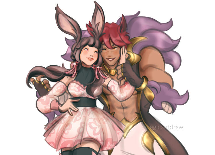 a thigh-up drawing of 'League of Legends' champion Sett in his 'Original' skin with my original yumeship OC done by @negicantdraw on twitter